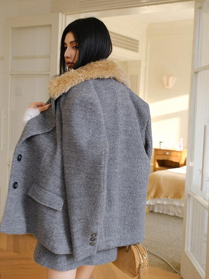 FU FRESH UP Twill Fur Collar Tailored Slim Fit Notched Lapel Women&