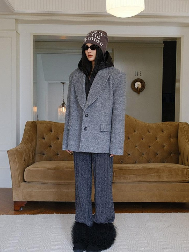 FU FRESH UP Twill Fur Collar Tailored Slim Fit Notched Lapel Women&