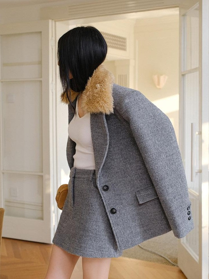 FU FRESH UP Twill Fur Collar Tailored Slim Fit Notched Lapel Women&