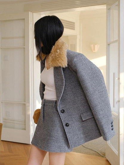 FU FRESH UP Twill Fur Collar Tailored Slim Fit Notched Lapel Women&