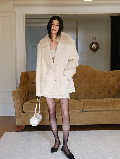 FU FRESH UP Twill Fur Collar Tailored Slim Fit Notched Lapel Women&