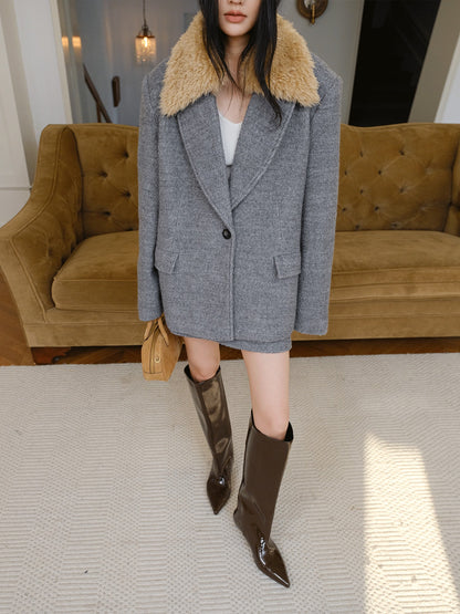 FU FRESH UP Twill Fur Collar Tailored Slim Fit Notched Lapel Women&