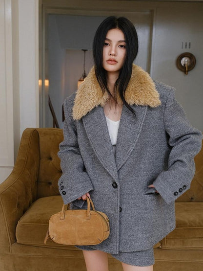 FU FRESH UP Twill Fur Collar Tailored Slim Fit Notched Lapel Women&