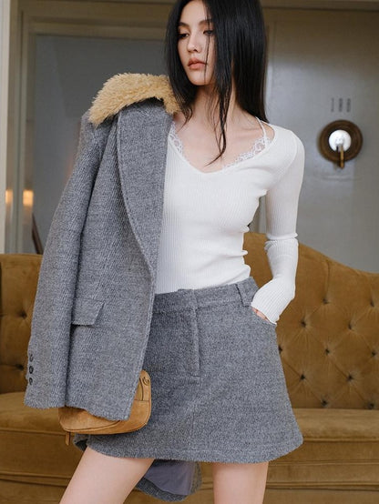 FU FRESH UP Twill Fur Collar Tailored Slim Fit Notched Lapel Women&