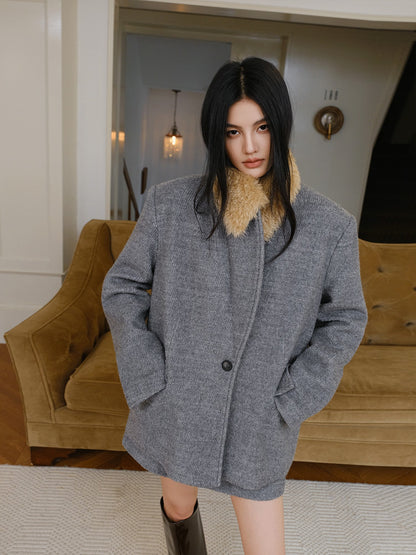 FU FRESH UP Twill Fur Collar Tailored Slim Fit Notched Lapel Women&