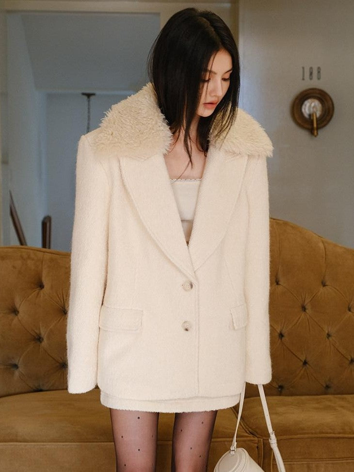 FU FRESH UP Twill Fur Collar Tailored Slim Fit Notched Lapel Women&