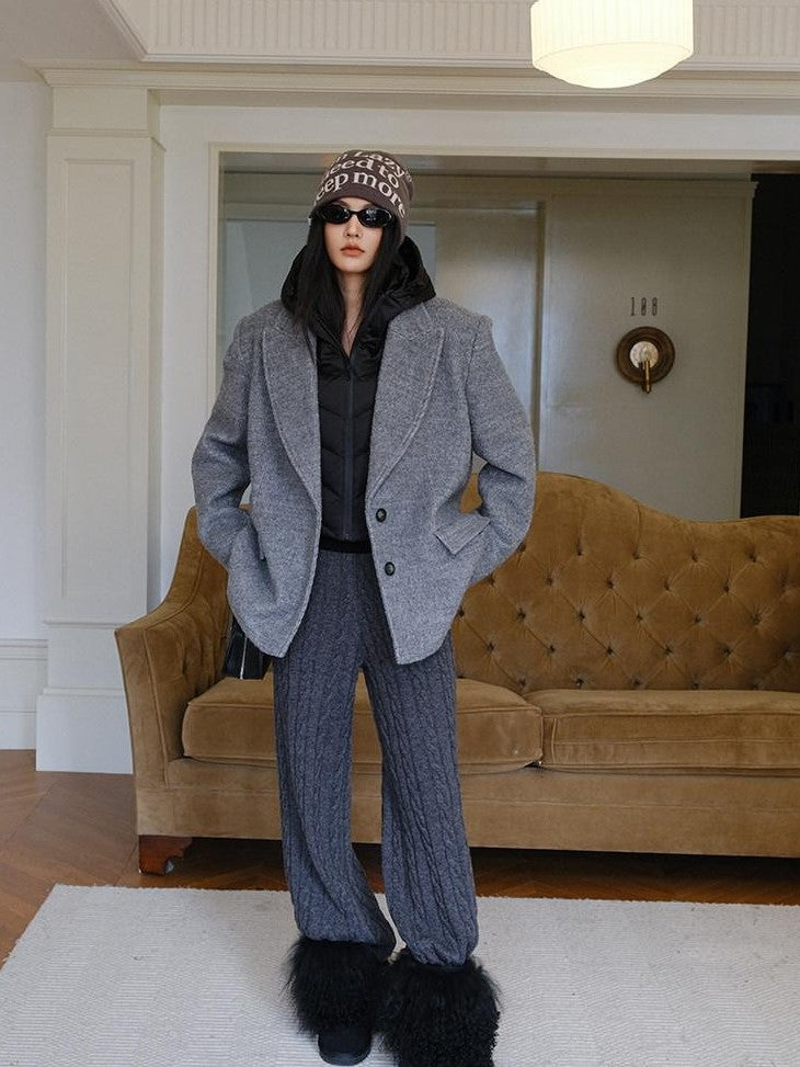 FU FRESH UP Twill Fur Collar Tailored Slim Fit Notched Lapel Women&