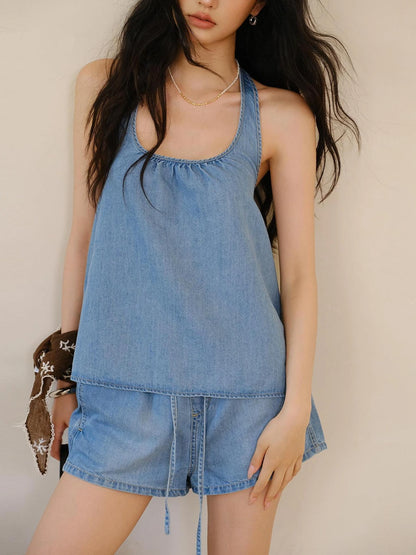 FU FRESH UP U Neck Cami &amp; Drawstring Denim Shorts Set