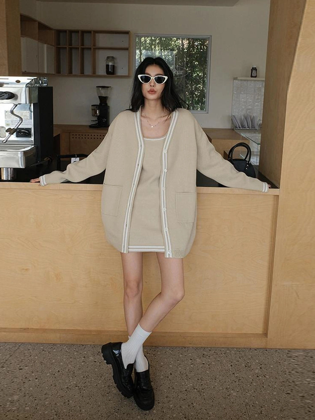 FU FRESH UP U Neck Ribbed Knit Set With Color Trim