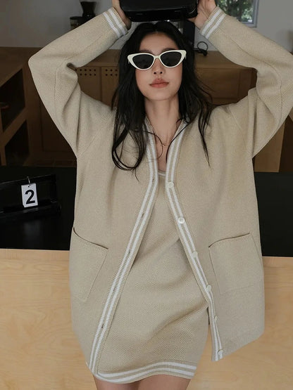 FU FRESH UP U Neck Ribbed Knit Set With Color Trim