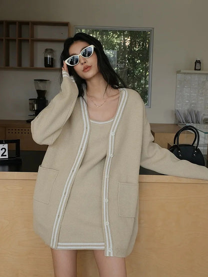 FU FRESH UP U Neck Ribbed Knit Set With Color Trim
