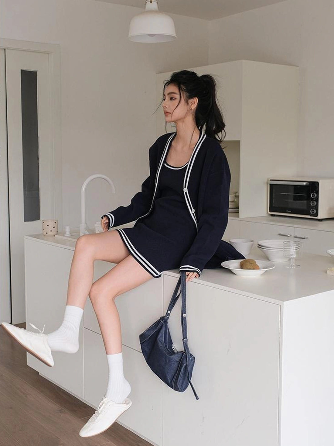 FU FRESH UP U Neck Ribbed Knit Set With Color Trim