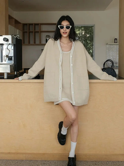 FU FRESH UP U Neck Ribbed Knit Set With Color Trim