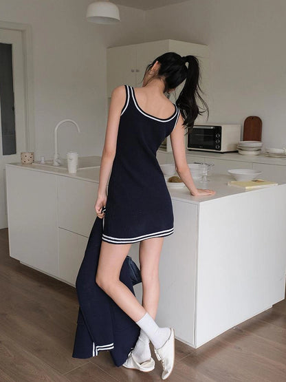 FU FRESH UP U Neck Ribbed Knit Set With Color Trim