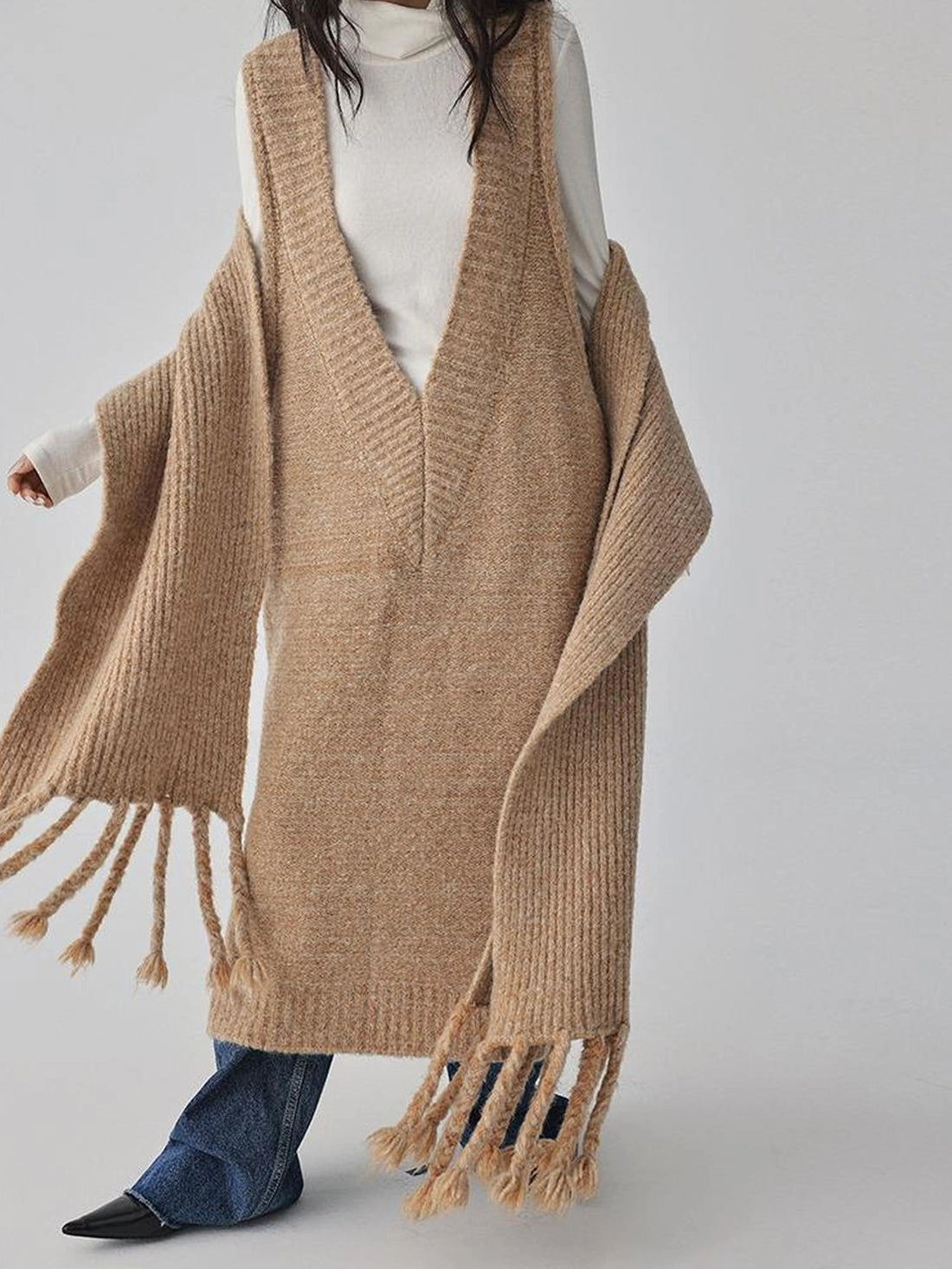 FU FRESH UP V-neck Alpaca Wool Vest Fringed Shawl Set