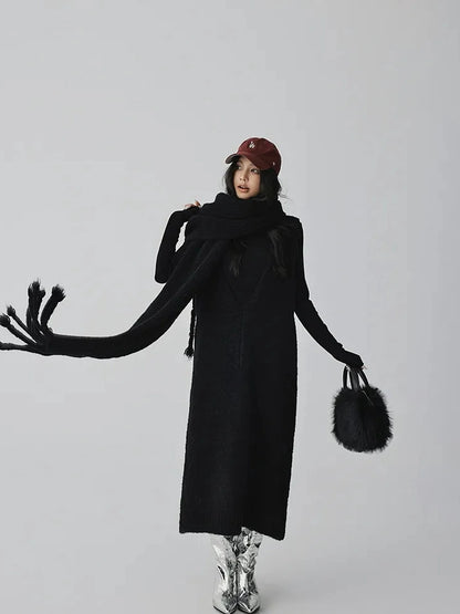 FU FRESH UP V-neck Alpaca Wool Vest Fringed Shawl Set