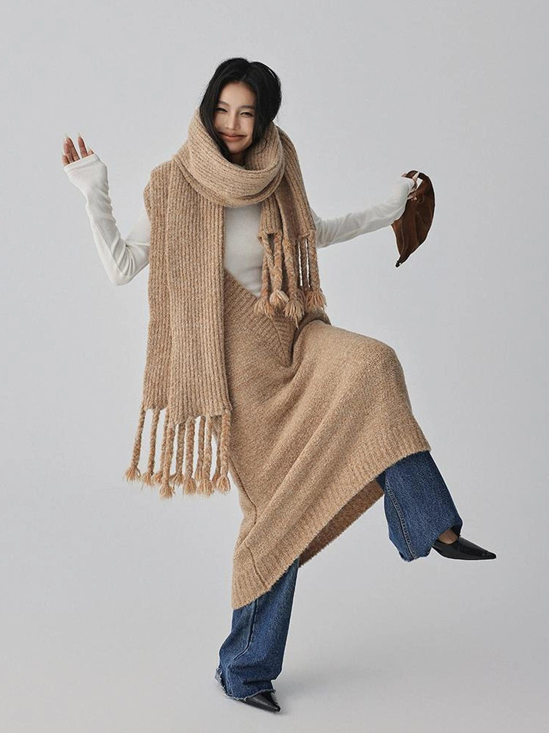 FU FRESH UP V-neck Alpaca Wool Vest Fringed Shawl Set