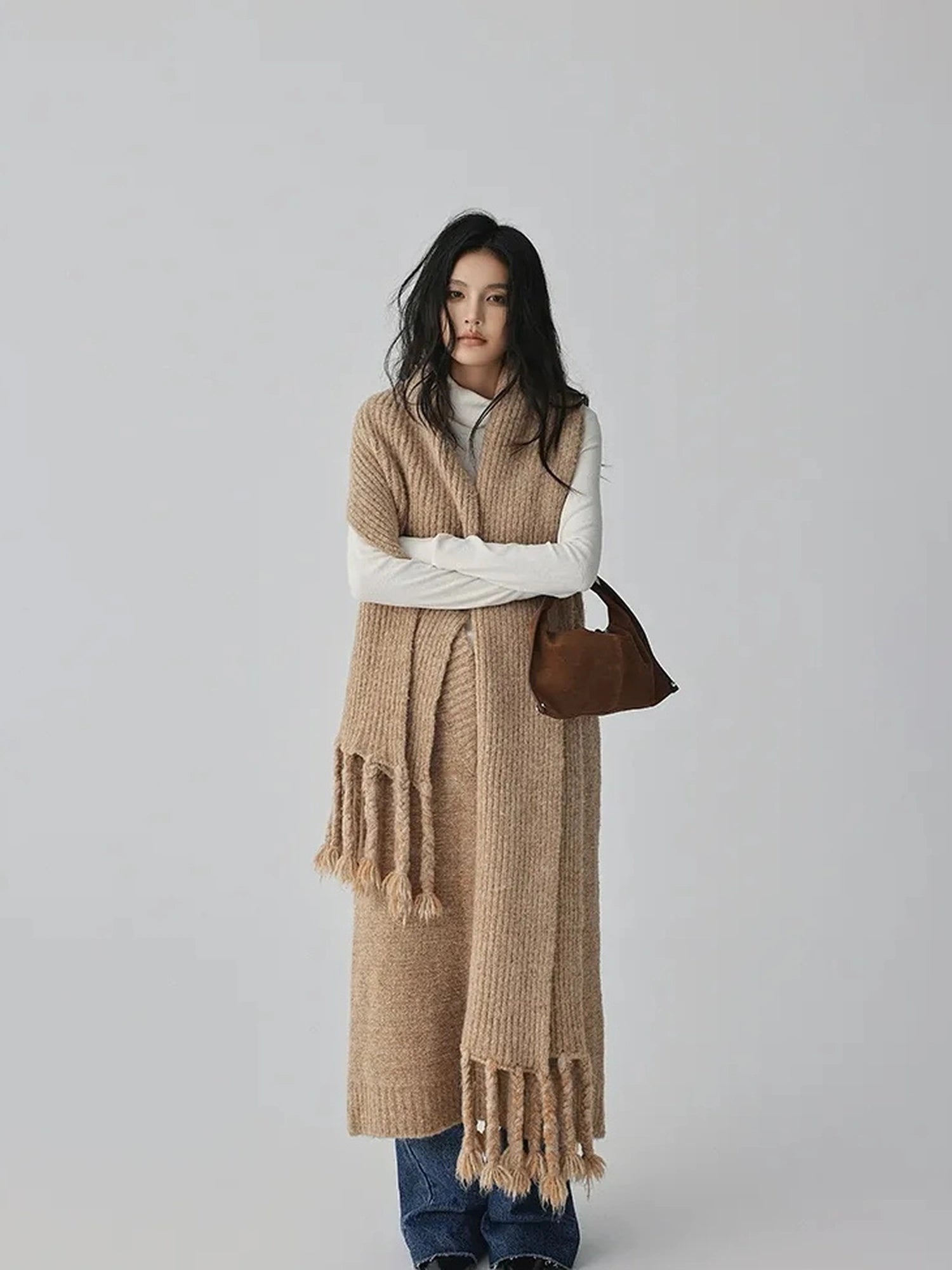 FU FRESH UP V-neck Alpaca Wool Vest Fringed Shawl Set