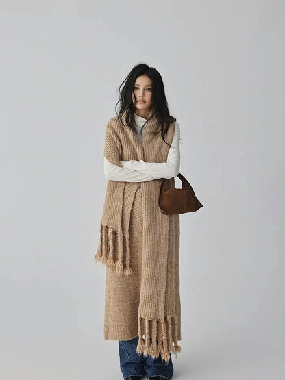 FU FRESH UP V-neck Alpaca Wool Vest Fringed Shawl Set