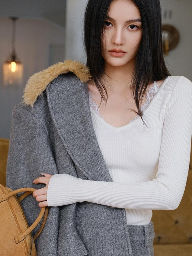 FU FRESH UP V-neck Lace Patchwork Fine Knit Slim Women&