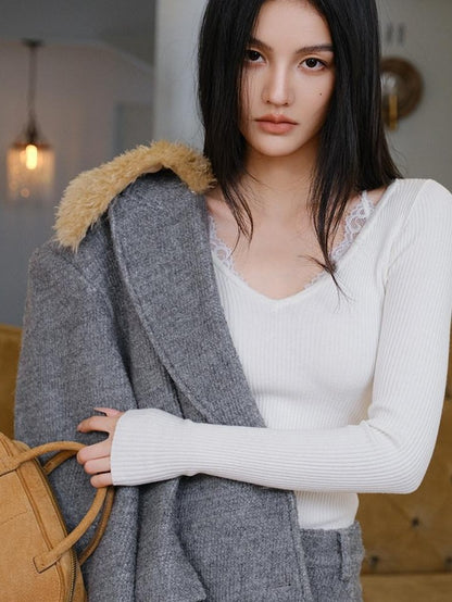 FU FRESH UP V-neck Lace Patchwork Fine Knit Slim Women&