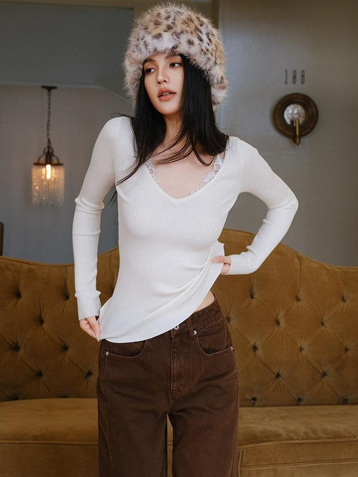 FU FRESH UP V-neck Lace Patchwork Fine Knit Slim Women&