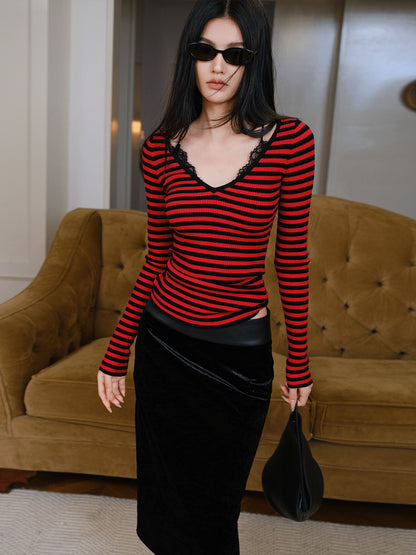 FU FRESH UP V-neck Lace Patchwork Fine Knit Slim Women&