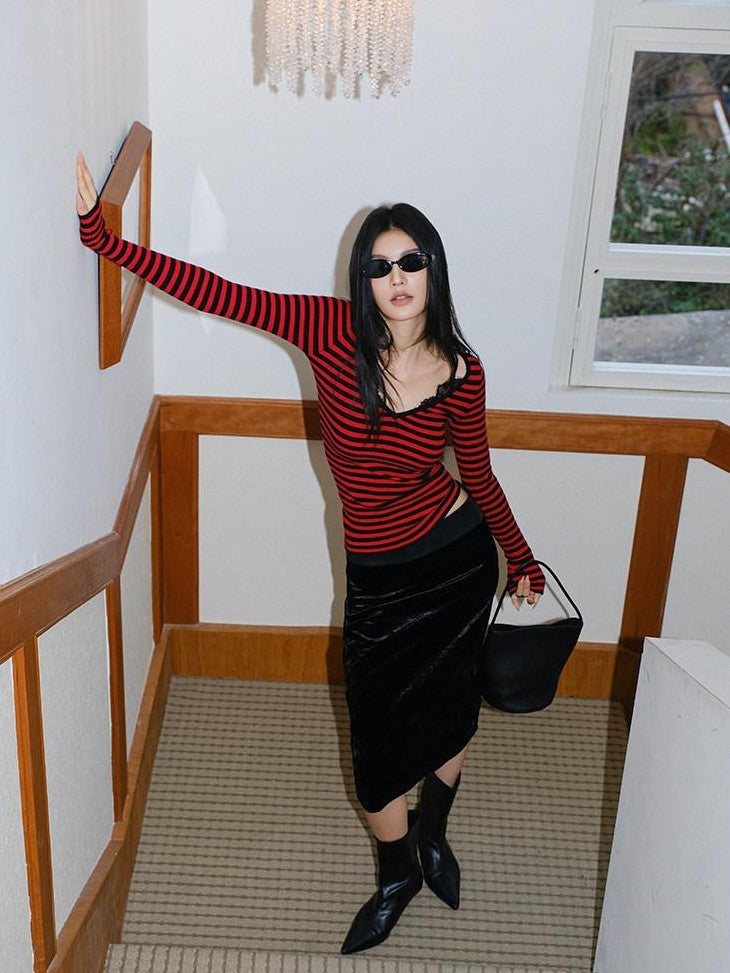 FU FRESH UP V-neck Lace Patchwork Fine Knit Slim Women&