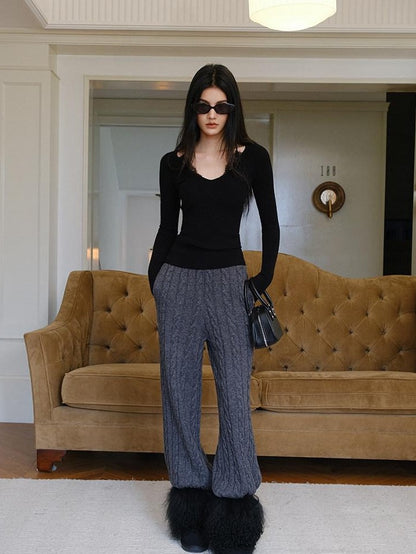 FU FRESH UP V-neck Lace Patchwork Fine Knit Slim Women&