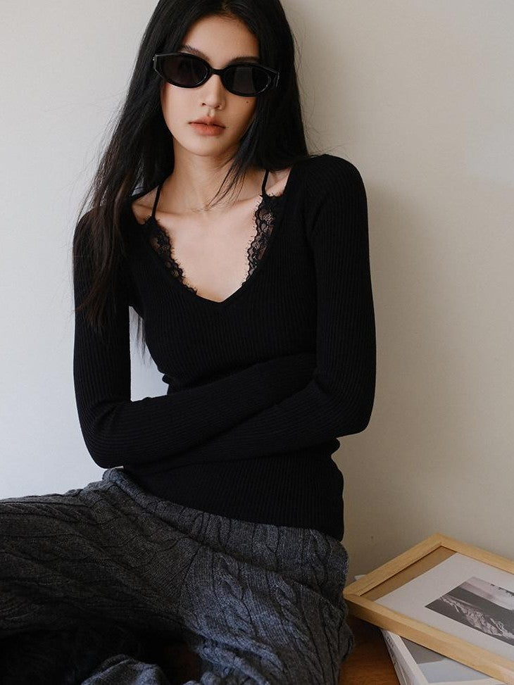 FU FRESH UP V-neck Lace Patchwork Fine Knit Slim Women&