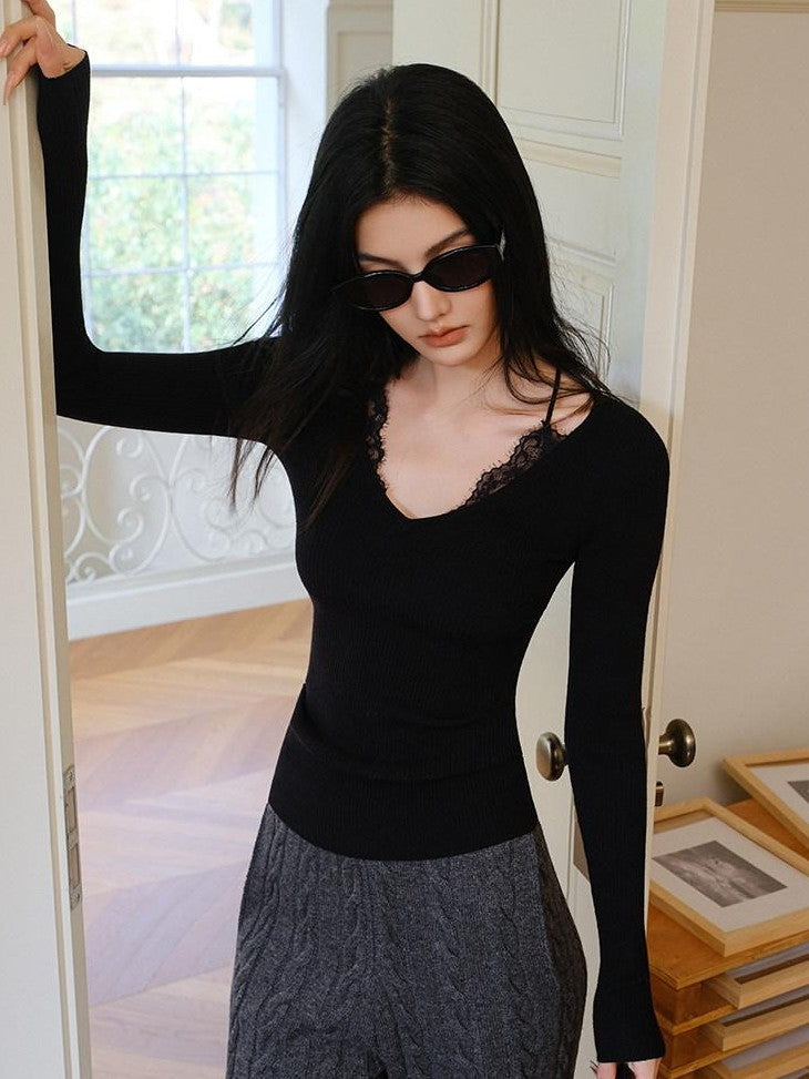 FU FRESH UP V-neck Lace Patchwork Fine Knit Slim Women&