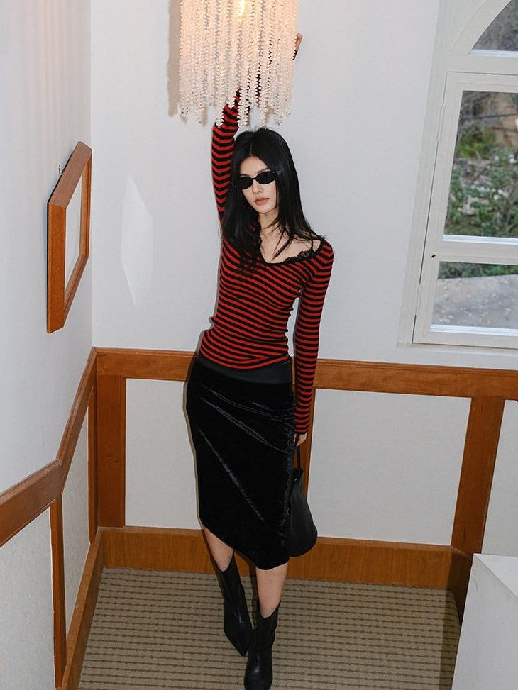 FU FRESH UP V-neck Lace Patchwork Fine Knit Slim Women&