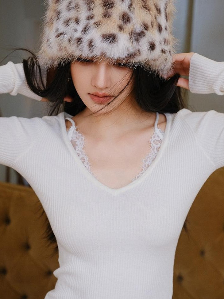 FU FRESH UP V-neck Lace Patchwork Fine Knit Slim Women&