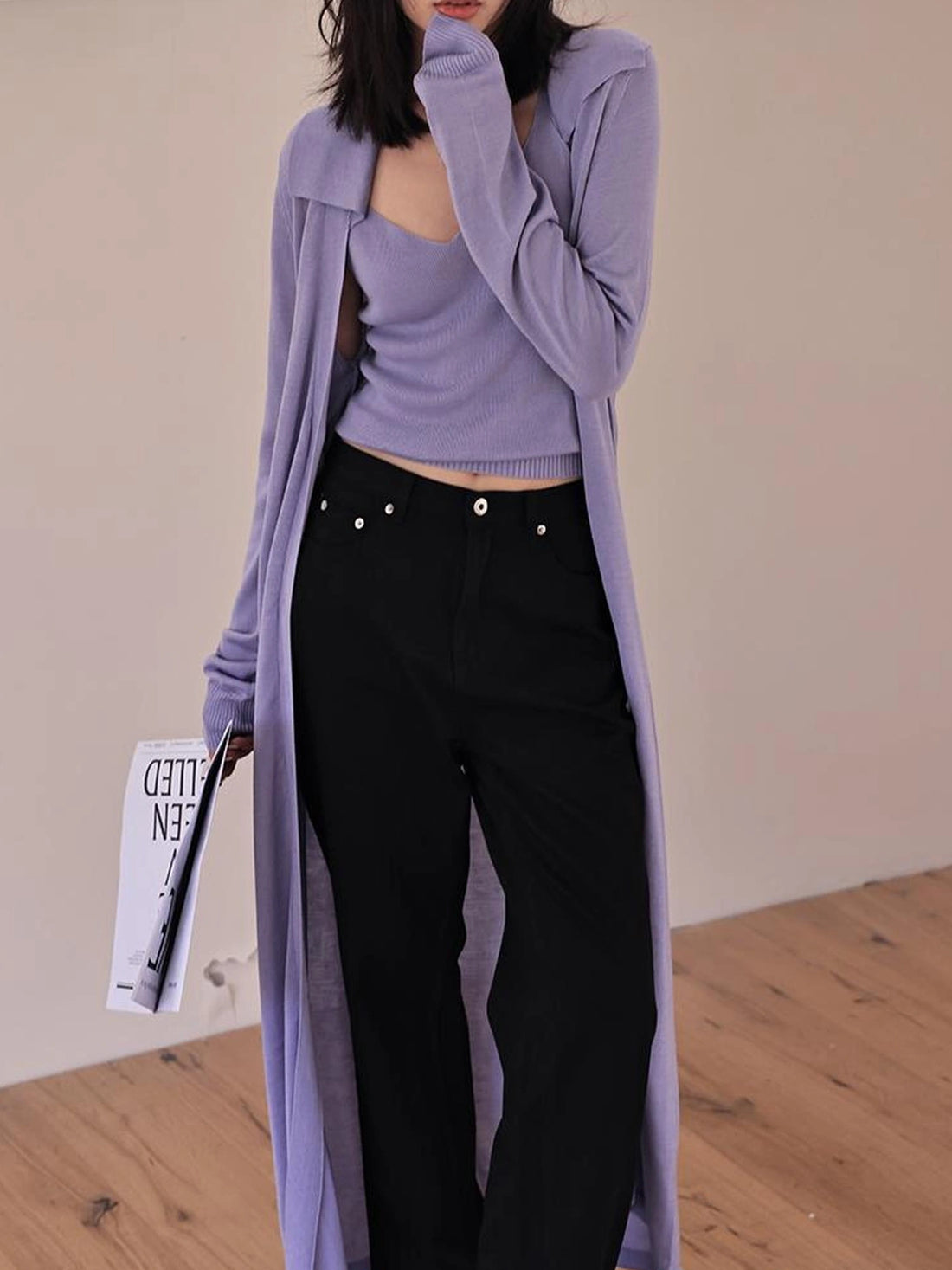 FU FRESH UP V-neck Long Rayleece Knit Cardigan Set