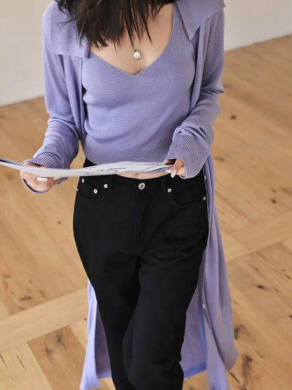 FU FRESH UP V-neck Long Rayleece Knit Cardigan Set