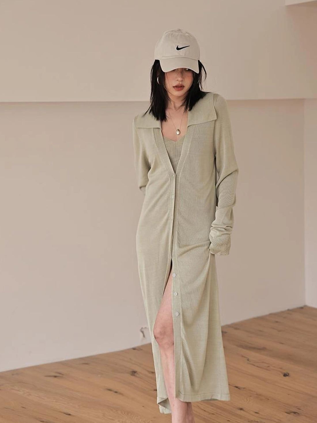 FU FRESH UP V-neck Long Rayleece Knit Cardigan Set