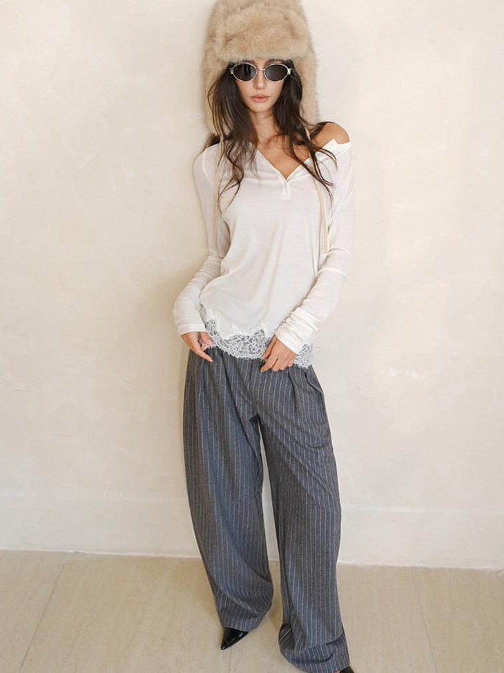 FU FRESH UP Vertical Stripe Pressed Pleat Tapered Women&