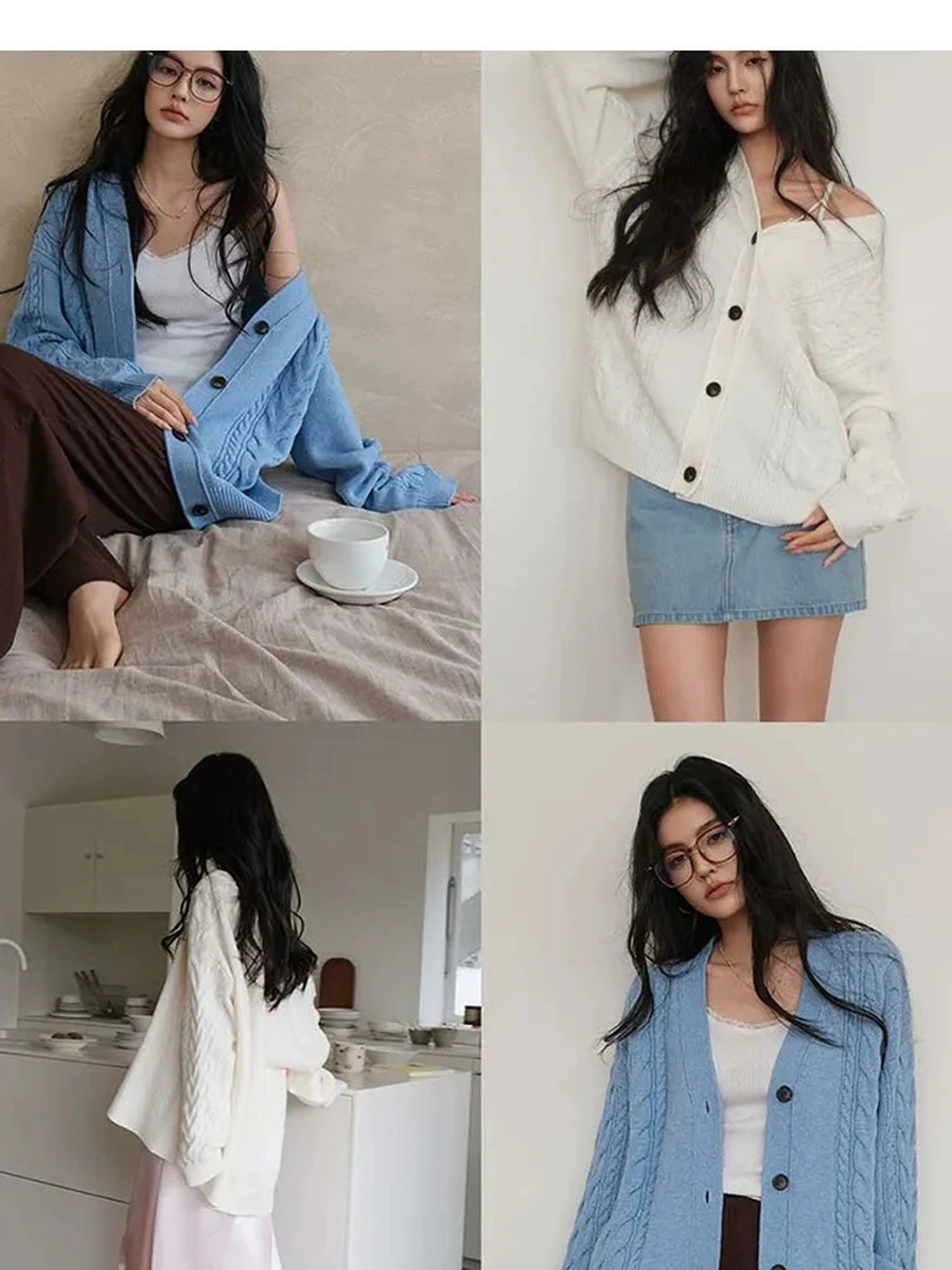 FU FRESH UP Vintage Cable Knit Cardigan V-neck T-shirt Long Sleeve