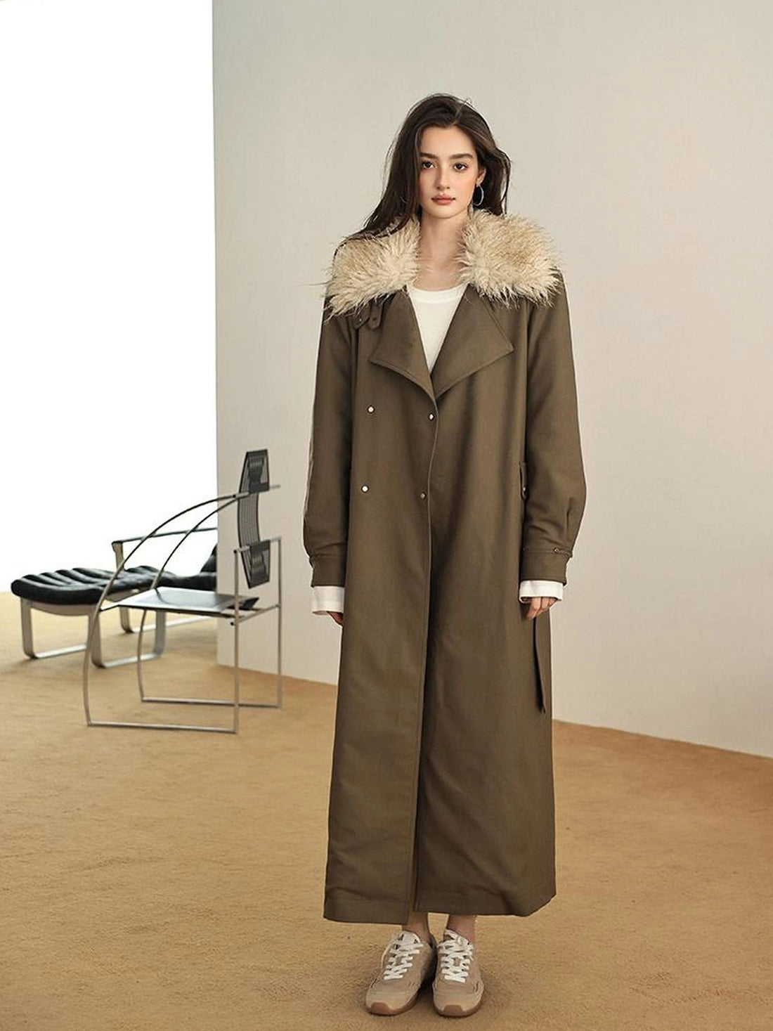 FU FRESH UP Vintage Collar Belted Trench Coat With Plush Lining