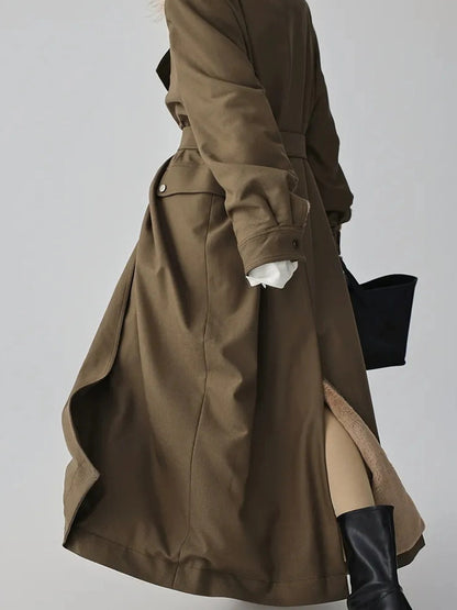 FU FRESH UP Vintage Collar Belted Trench Coat With Plush Lining