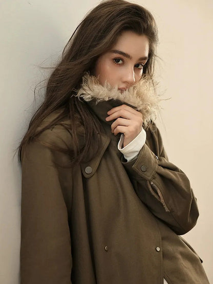 FU FRESH UP Vintage Collar Belted Trench Coat With Plush Lining