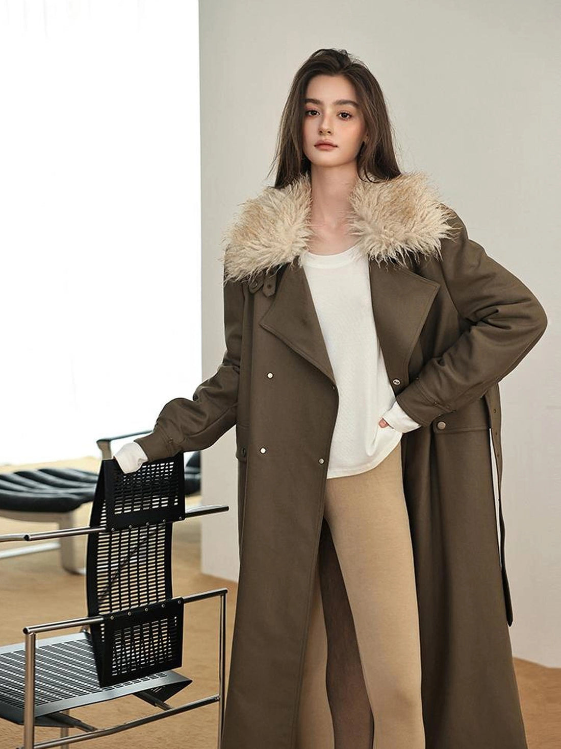 FU FRESH UP Vintage Collar Belted Trench Coat With Plush Lining