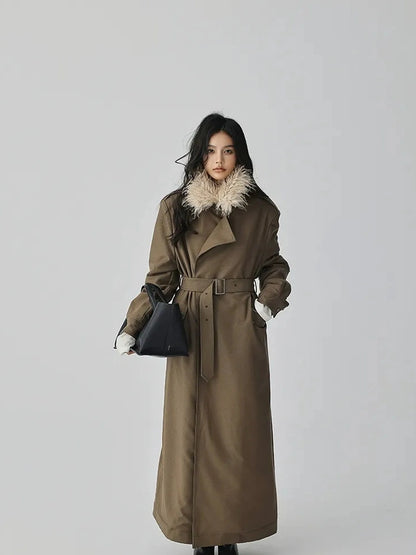 FU FRESH UP Vintage Collar Belted Trench Coat With Plush Lining
