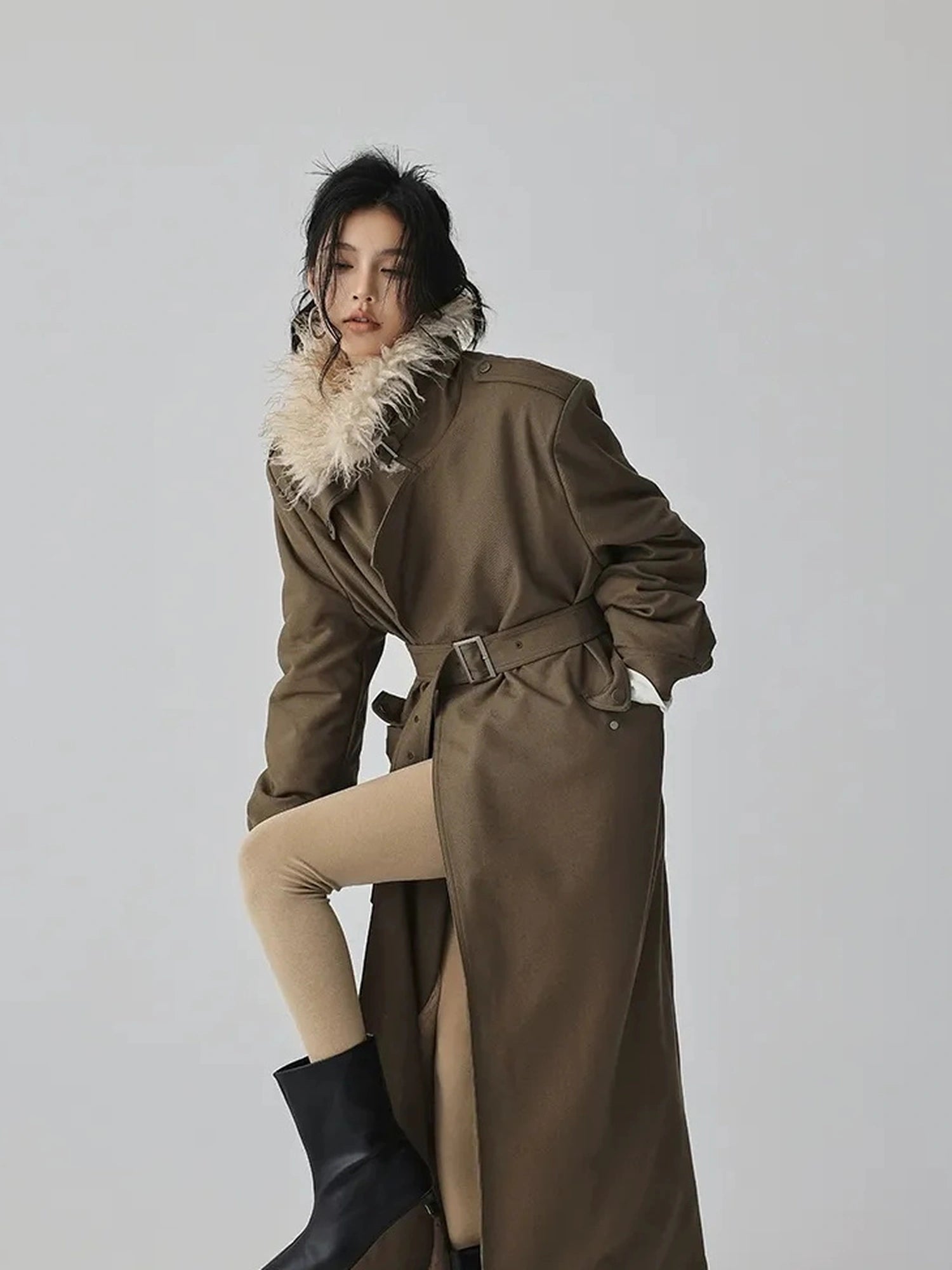 FU FRESH UP Vintage Collar Belted Trench Coat With Plush Lining