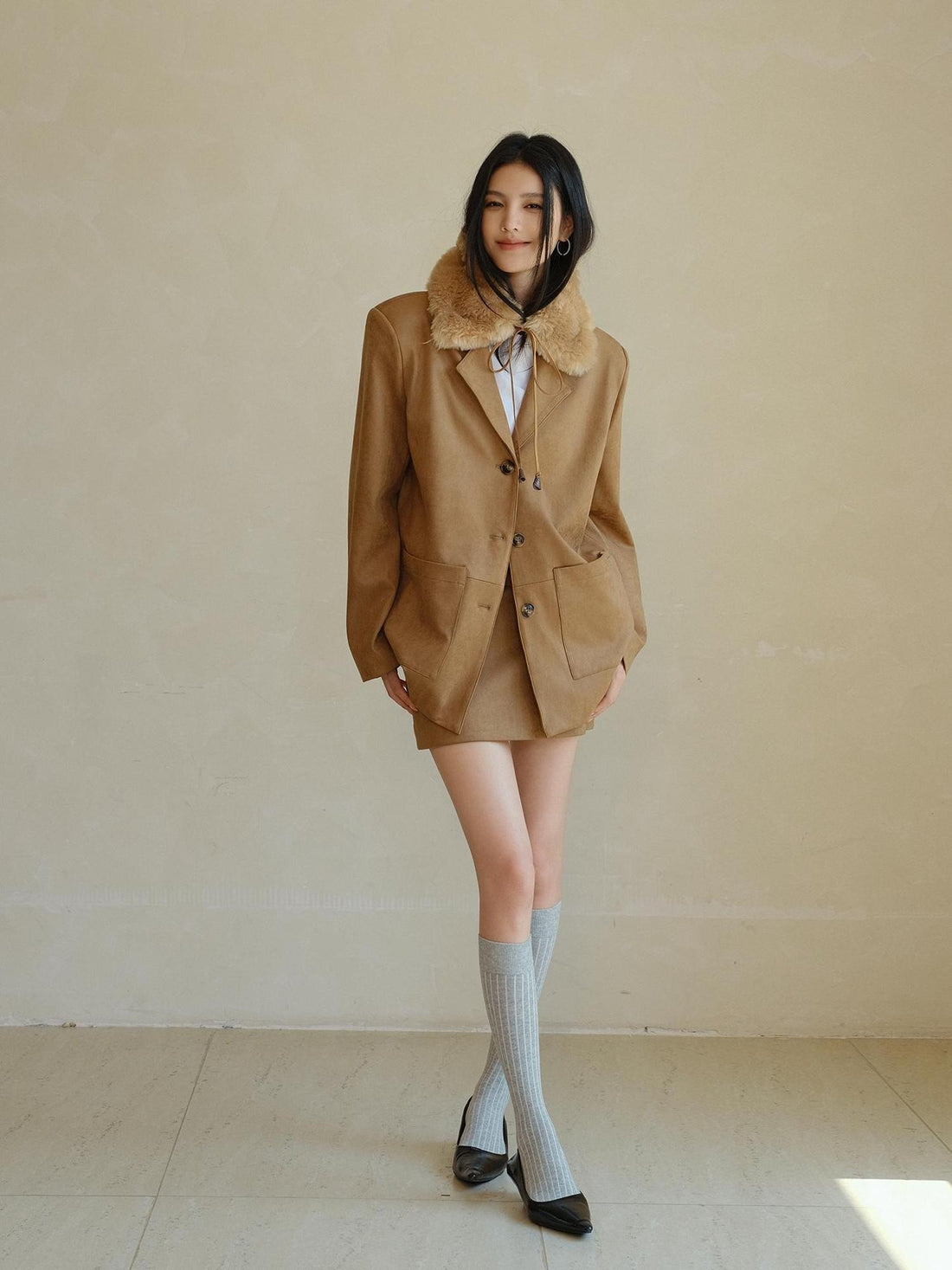 FU FRESH UP Vintage Notched Lapel Loose Silhouette Suede Women&