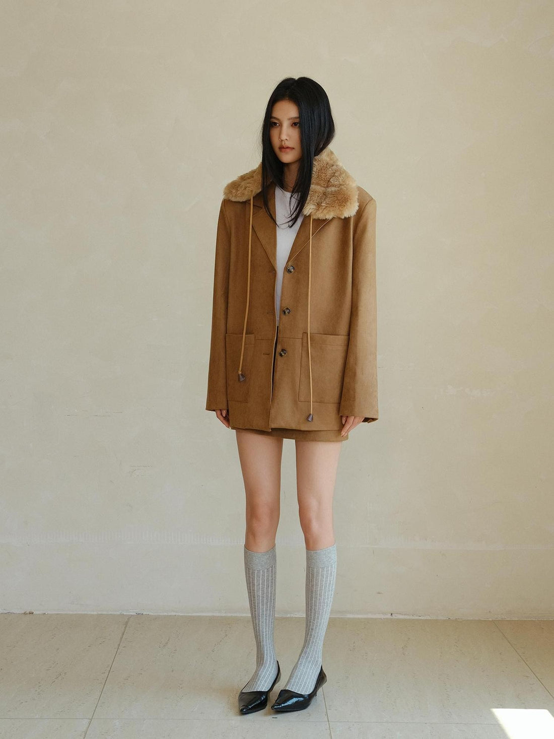 FU FRESH UP Vintage Notched Lapel Loose Silhouette Suede Women&