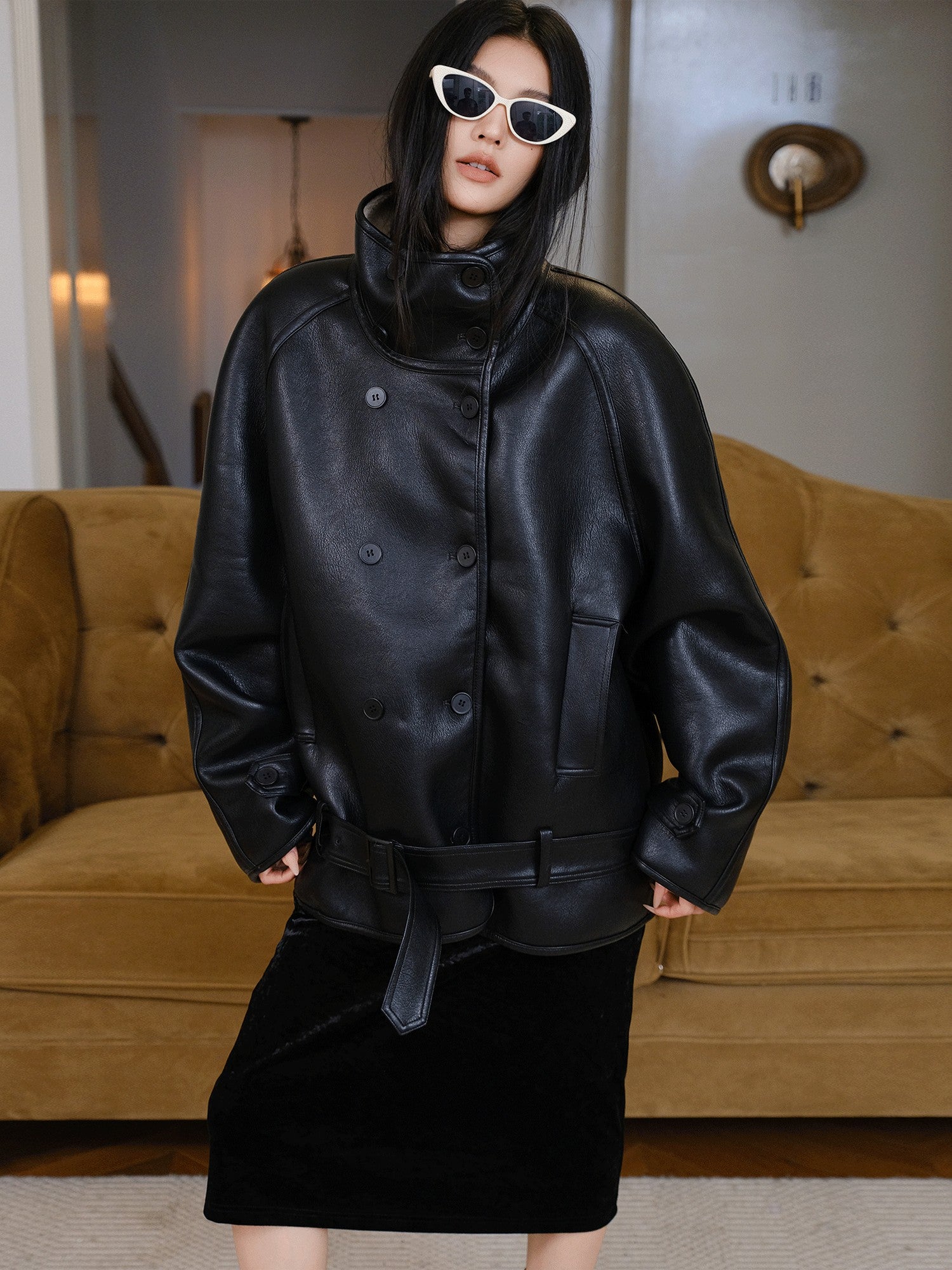FU FRESH UP Vintage Textured Double Breasted Stand Collar Women&