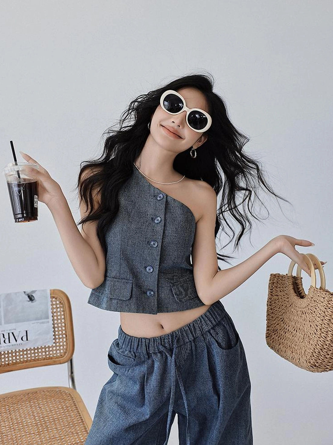 FU FRESH UP Vintage Washed Asymmetrical Denim Set