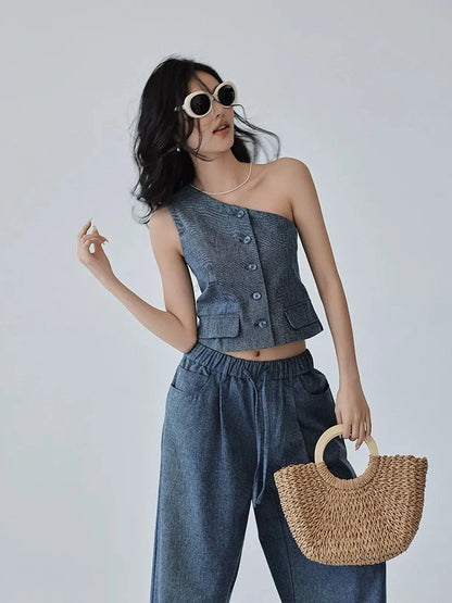 FU FRESH UP Vintage Washed Asymmetrical Denim Set