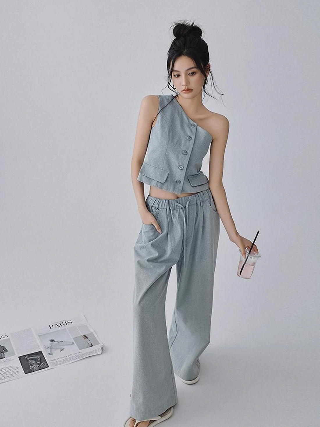 FU FRESH UP Vintage Washed Asymmetrical Denim Set